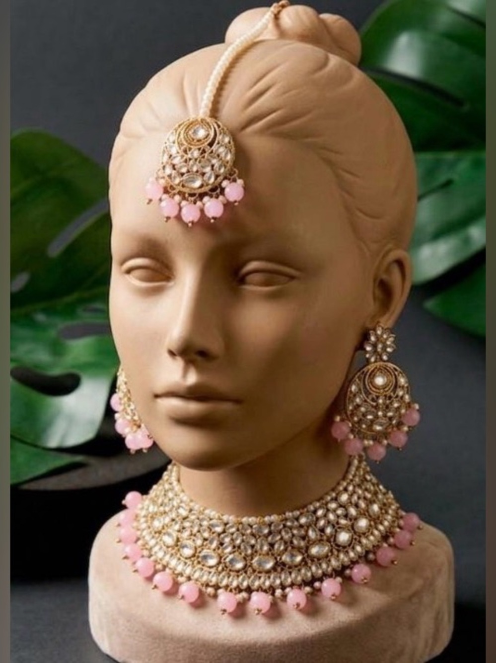 Pink Handcrafted Set with Tikka, Necklace, and Earrings